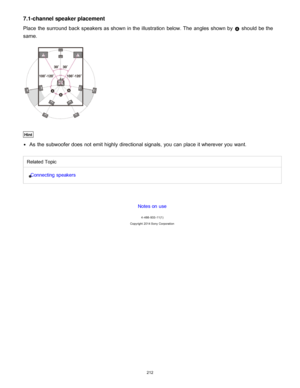 Page 2197.1-channel speaker placement
Place  the surround  back speakers as shown in the illustration  below. The  angles  shown by  should  be the
same.
Hint
As the subwoofer does not emit highly directional signals, you can place it wherever you want.
Related Topic
Connecting speakers
Notes on use
4 -488 -933 -11(1)
Copyright  2014 Sony  Corporation
212  