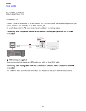 Page 68MULTI CHANNEL AV RECEIVER
STR-DH750/STR-DH550
Connecting a TV
Connect  a TV to HDMI TV OUT or MONITOR  OUT jack. You can operate this receiver using an OSD (On-
Screen Display) if you connect  a TV to HDMI TV OUT jack.
Be  sure  to disconnect the AC power  cord  (mains  lead)  before connecting cables.
Connecting a TV  compatible  with the Audio Return Channel  (ARC) function  via an HDMI
connection
  HDMI cable (not supplied)  
Sony recommends that you use an HDMI-authorized cable or Sony HDMI cable....