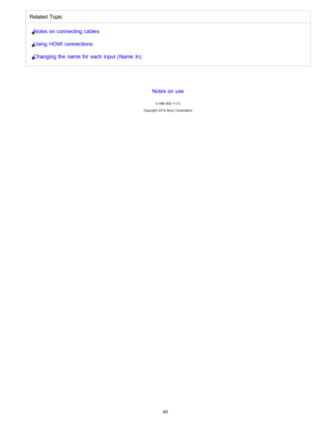 Page 72Related TopicNotes on connecting cables
Using  HDMI  connections
Changing the  name for  each  input  (Name In )
Notes on use
4 -488 -933 -11(1)
Copyright  2014 Sony  Corporation
65  