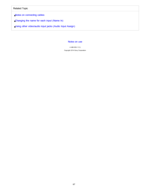 Page 74Related TopicNotes on connecting cables
Changing the  name for  each  input  (Name In )
Using  other video/audio input  jacks (Audio  Input Assign )
Notes on use
4 -488 -933 -11(1)
Copyright  2014 Sony  Corporation
67  