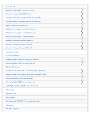 Page 2BLUETOOTH
Pairing  and  connecting  with a  BLUETOOTH device
Connecting with a  paired BLUETOOTH device
Connecting with an  NFC-compatible  device by One-touch ( NFC)
Disconnecting  the  NFC -compatible  device by One-touch ( NFC)
Switching  devices  by One-touch ( NFC)
Pairing  and  connecting  with a  computer ( Windows 10)
Pairing  and  connecting  with a  computer ( Windows 8)
Pairing  and  connecting  with a  computer ( Windows 7)
Connecting with a  paired computer ( Windows 10)
Connecting with a...