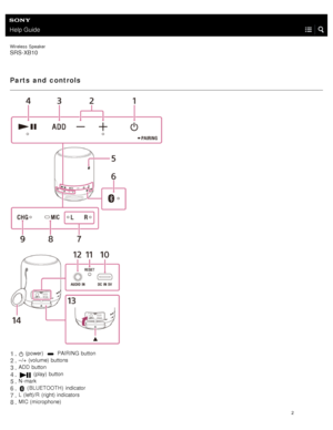 Page 7Help Guide
Wireless  Speaker
SRS-XB10
Parts  and  controls
 (power)   PAIRING button1 .
– /+ (volume) buttons2 .
ADD  button3 .
 (play) button4 .
N- mark5 .
 (BLUETOOTH )  indicator6 .
L (left)/ R (right) indicators7 .
MIC  (microphone)8 .
2  