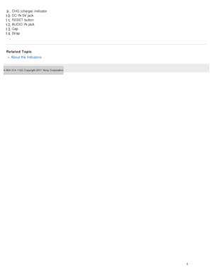 Page 8Related TopicAbout the  indicators
4- 694- 214- 11(2)   Copyright 2017  Sony Corporation
CHG (charge) indicator9 .
DC IN 5V jack10
.
RESET  button11
.
AUDIO  IN jack12.
Cap13.
Strap14.
3  