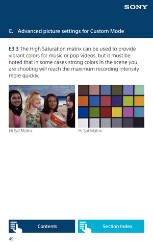 Page 4949
E.  Advanced picture settings for Custom Mode
E3.3 The High Saturation matrix can be used to provide 
vibrant colors for music or pop videos, but it must be 
noted that in some cases strong colors in the scene you 
are shooting will reach the maximum recording intensity 
more quickly. 
Hi Sat Matrix Hi Sat Matrix 
Content sSection Index  