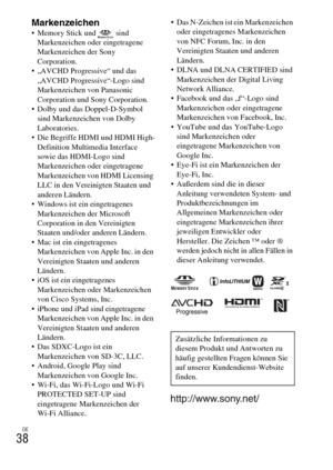 Page 114DE
38
Markenzeichen Memory Stick und   sind 
Markenzeichen oder eingetragene 
Markenzeichen der Sony 
Corporation.
 „AVCHD Progressive“ und das 
„AVCHD Progressive“-Logo sind 
Markenzeichen von Panasonic 
Corporation und Sony Corporation.
 Dolby und das Doppel-D-Symbol 
sind Markenzeichen von Dolby 
Laboratories.
 Die Begriffe HDMI und HDMI High-
Definition Multimedia Interface 
sowie das HDMI-Logo sind 
Markenzeichen oder eingetragene 
Markenzeichen von HDMI Licensing 
LLC in den Vereinigten Staaten und...