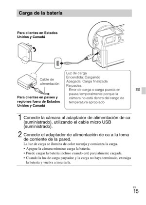 Page 129ES
15
ES
Carga de la batería
1Conecte la cámara al adaptador de alimentación de ca 
(suministrado), utilizando el cable micro USB 
(suministrado).
2Conecte el adaptador de alimentación de ca a la toma 
de corriente de la pared.
La luz de carga se ilumina de color naranja y comienza la carga.
 Apague la cámara mientras carga la batería.
 Puede cargar la batería incluso cuando esté parcialmente cargada.
 Cuando la luz de carga parpadee y la carga no haya terminado, extraiga 
la batería y vuelva a...