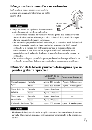 Page 131ES
17
ES
xCarga mediante conexión a un ordenador
La batería se puede cargar conectando la 
cámara a un ordenador utilizando un cable 
micro USB.
 Tenga en cuenta los siguientes factores cuando 
realice la carga a través de un ordenador:
– Si se conecta la cámara a un ordenador portátil que no está conectado a una 
fuente de alimentación, disminuye el nivel de batería del portátil. No cargue 
durante un periodo de tiempo prolongado.
– No encienda, apague ni reinicie el ordenador, ni lo reanude a partir...