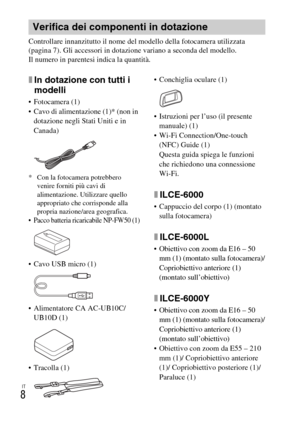 Page 160IT
8
Controllare innanzitutto il nome del modello della fotocamera utilizzata 
(pagina 7). Gli accessori in dotazione variano a seconda del modello.
Il numero in parentesi indica la quantità.
xIn dotazione con tutti i 
modelli
 Fotocamera (1)
 Cavo di alimentazione (1)* (non in 
dotazione negli Stati Uniti e in 
Canada)
* Con la fotocamera potrebbero 
venire forniti più cavi di 
alimentazione. Utilizzare quello 
appropriato che corrisponde alla 
propria nazione/area geografica.
 Pacco batteria...