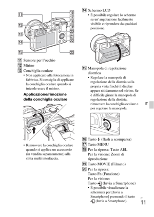 Page 163IT
11
IT
KSensore per l’occhio
LMirino
MConchiglia oculare
 Non applicato alla fotocamera in 
fabbrica. Si consiglia di applicare 
la conchiglia oculare quando si 
intende usare il mirino.
Applicazione/rimozione 
della conchiglia oculare
 Rimuovere la conchiglia oculare 
quando si applica un accessorio 
(in vendita separatamente) alla 
slitta multi interfaccia.
NSchermo LCD È possibile regolare lo schermo 
su un’angolazione facilmente 
visibile e riprendere da qualsiasi 
posizione.
OManopola di...