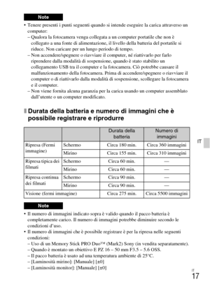 Page 169IT
17
IT
 Tenere presenti i punti seguenti quando si intende eseguire la carica attraverso un 
computer:
– Qualora la fotocamera venga collegata a un computer portatile che non è 
collegato a una fonte di alimentazione, il livello della batteria del portatile si 
riduce. Non caricare per un lungo periodo di tempo.
– Non accendere/spegnere o riavviare il computer, né riattivarlo per farlo 
riprendere dalla modalità di sospensione, quando è stato stabilito un 
collegamento USB tra il computer e la...