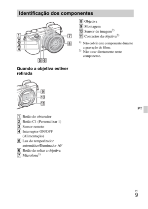 Page 199PT
9
PT
Quando a objetiva estiver 
retirada
ABotão do obturador
BBotão C1 (Personalizar 1)
CSensor remoto
DInterruptor ON/OFF 
(Alimentação)
ELuz do temporizador 
automático/Iluminador AF
FBotão de soltar a objetiva
GMicrofone
1)
HObjetiva
IMontagem
JSensor de imagem
2)
KContactos da objetiva2)
1)Não cobrir este componente durante 
a gravação de filme.
2)Não tocar diretamente neste 
componente.
Identificação dos componentes 