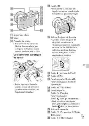 Page 201PT
11
PT
KSensor dos olhos
LVisor
MProteção da ocular
 Não colocada na câmara na 
fábrica. Recomenda-se que 
coloque a proteção da ocular 
quando tencionar usar o visor.
Colocar/retirar a proteção 
da ocular
 Retire a proteção da ocular 
quando coloca um acessório 
(vendido separadamente) na 
Sapata multi-interface.
NEcrã LCD Pode ajustar o ecrã para um 
ângulo facilmente visualizável e 
fotografar de qualquer posição.
OSeletor de ajuste de dioptria Ajuste o seletor de ajuste de 
dioptria à sua visão até...