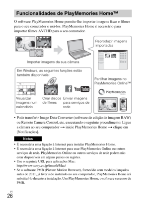 Page 216PT
26
O software PlayMemories Home permite-lhe importar imagens fixas e filmes 
para o seu comutador e usá-los. PlayMemories Home é necessário para 
importar filmes AVCHD para o seu comutador.
 Pode transferir Image Data Converter (software de edição de imagem RAW) 
ou Remote Camera Control, etc. executando o seguinte procedimento: Ligue 
a câmara ao seu computador t inicie PlayMemories Home t clique em 
[Notificações].
 É necessária uma ligação à Internet para instalar PlayMemories Home.
 É necessária...