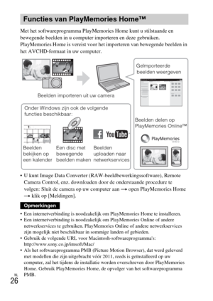 Page 254NL
26
Met het softwareprogramma PlayMemories Home kunt u stilstaande en 
bewegende beelden in u computer importeren en deze gebruiken. 
PlayMemories Home is vereist voor het importeren van bewegende beelden in 
het AVCHD-formaat in uw computer.
 U kunt Image Data Converter (RAW-beeldbewerkingssoftware), Remote 
Camera Control, enz. downloaden door de onderstaande procedure te 
volgen: Sluit de camera op uw computer aan t open PlayMemories Home 
t klik op [Meldingen].
 Een internetverbinding is...