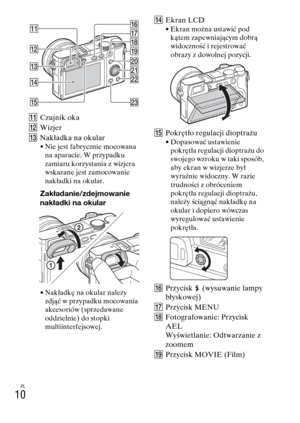 Page 274PL
10
KCzujnik oka
LWizjer
MNakładka na okular
• Nie jest fabrycznie mocowana 
na aparacie. W przypadku 
zamiaru korzystania z wizjera 
wskazane jest zamocowanie 
nakładki na okular.
Zakładanie/zdejmowanie 
nakładki na okular
• Nakładkę na okular należy 
zdjąć w przypadku mocowania 
akcesoriów (sprzedawane 
oddzielnie) do stopki 
multiinterfejsowej.
NEkran LCD• Ekran można ustawić pod 
kątem zapewniającym dobrą 
widoczność i rejestrować 
obrazy z dowolnej pozycji.
OPokrętło regulacji dioptrażu• Dopasować...