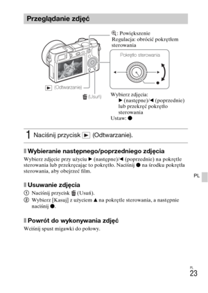 Page 287PL
23
PL
xWybieranie następnego/poprzedniego zdjęcia
Wybierz zdjęcie przy użyciu B (następne)/b (poprzednie) na pokrętle 
sterowania lub przekręcając to pokrętło. Naciśnij z na środku pokrętła 
sterowania, aby obejrzeć film.
xUsuwanie zdjęcia
1Naciśnij przycisk  (Usuń).
2Wybierz [Kasuj] z użyciem v na pokrętle sterowania, a następnie 
naciśnij z.
xPowrót do wykonywania zdjęć
Wciśnij spust migawki do połowy.
Przeglądanie zdjęć
1Naciśnij przycisk   (Odtwarzanie).
 (Usuń)
Pokrętło sterowania
 (Odtwarzanie)...