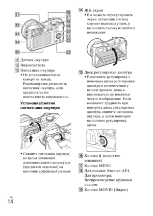 Page 314RU
14
KДатчик окуляра
LВидоискатель
MНаглазник окуляра
• Не устанавливается на 
камеру на заводе. 
Рекомендуется установить 
наглазник окуляра, если 
предполагается 
использовать видоискатель.
Установка/снятие 
наглазника окуляра
• Снимите наглазник окуляра 
во время установки 
дополнительного аксессуара 
(продается отдельно) на 
многоинтерфейсный разъем.
NЖК-экран• Вы можете отрегулировать 
экран, установив его под 
хорошо видимым углом, и 
выполнять съемку из любого 
положения.
OДиск регулировки...