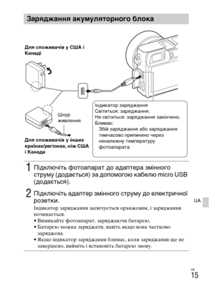 Page 357UA
15
UA
Заряджання акумуляторного блока
1Підключіть фотоапарат до адаптера змінного 
струму (додається) за допомогою кабелю micro USB 
(додається).
2Підключіть адаптер змінного струму до електричної 
розетки.
Індикатор заряджання засвічується оранжевим, і заряджання 
починається.
• Вимикайте фотоапарат, заряджаючи батарею.
• Батарею можна заряджати, навіть якщо вона частково 
заряджена.
• Якщо індикатор заряджання блимає, коли заряджання ще не 
завершено, вийміть і встановіть батарею знову.
Шнур...