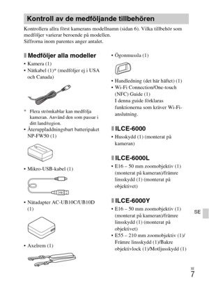 Page 387SE
7
SE
Kontrollera allra först kamerans modellnamn (sidan 6). Vilka tillbehör som 
medföljer varierar beroende på modellen.
Siffrorna inom parentes anger antalet.
xMedföljer alla modeller
 Kamera (1)
 Nätkabel (1)* (medföljer ej i USA 
och Canada)
* Flera strömkablar kan medfölja 
kameran. Använd den som passar i 
ditt land/region.
 Återuppladdningsbart batteripaket 
NP-FW50 (1)
 Mikro-USB-kabel (1)
 Nätadapter AC-UB10C/UB10D 
(1)
 Axelrem (1) Ögonmussla (1)
 Handledning (det här häftet) (1)
 Wi-Fi...