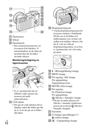 Page 390SE
10
KÖgonsensor
LSökare
MÖgonmussla
 Inte monterad på kameran vid 
leveransen från fabriken. Vi 
rekommenderar att du sätter på 
ögonmusslan när du tänker 
använda sökaren.
Montering/avtagning av 
ögonmusslan
 Ta av ögonmusslan när ett 
tillbehör (säljs separat) ska 
monteras på multi-
gränssnittsskon.
NLCD-skärm Det går att vrida skärmen till en 
lämplig vinkel där bilden går lätt 
att se så att det går att ta bilder i 
alla lägen.
ODioptrijusteringsratt Vrid på dioptrijusteringsratten för 
att...