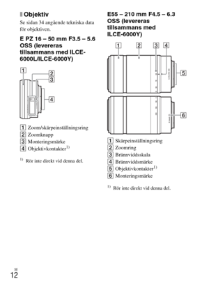 Page 392SE
12
xObjektiv
Se sidan 34 angående tekniska data 
för objektiven.
E PZ 16 – 50 mm F3.5 – 5.6 
OSS (levereras 
tillsammans med ILCE-
6000L/ILCE-6000Y)
AZoom/skärpeinställningsring
BZoomknapp
CMonteringsmärke
DObjektivkontakter
1)
1)Rör inte direkt vid denna del.
E55 – 210 mm F4.5 – 6.3 
OSS (levereras 
tillsammans med 
ILCE-6000Y)
ASkärpeinställningsring
BZoomring
CBrännviddsskala
DBrännviddsmärke
EObjektivkontakter
1)
FMonteringsmärke
1)Rör inte direkt vid denna del. 