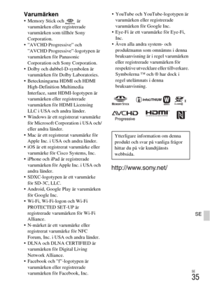 Page 415SE
35
SE
Varumärken Memory Stick och   är 
varumärken eller registrerade 
varumärken som tillhör Sony 
Corporation.
 ”AVCHD Progressive” och 
”AVCHD Progressive”-logotypen är 
varumärken för Panasonic 
Corporation och Sony Corporation.
 Dolby och dubbel-D-symbolen är 
varumärken för Dolby Laboratories.
 Beteckningarna HDMI och HDMI 
High-Definition Multimedia 
Interface, samt HDMI-logotypen är 
varumärken eller registrerade 
varumärken för HDMI Licensing 
LLC i USA och andra länder.
 Windows är ett...