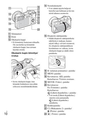 Page 424FI
10
KSilmäanturi
LEtsin
MOkulaarin kuppi
 Ei kiinnitetty kameraan tehtaalla. 
On suositeltavaa kiinnittää 
okulaarin kuppi, kun aiotaan 
käyttää etsintä.
Okulaarin kupin kiinnitys/
irrotus
 Irrota okulaarin kuppi, kun 
kiinnität lisälaitteen (myydään 
erikseen) moniliitäntäkenkään.
NNestekidenäyttö Voit säätää näytön helposti 
katseltavaan kulmaan ja kuvata 
mistä tahansa asennosta.
ODiopterin säätöpainike Säädä diopterin säätöpainiketta 
näkökykysi mukaan, kunnes 
näyttö näkyy selvästi etsimessä. 
Jos...