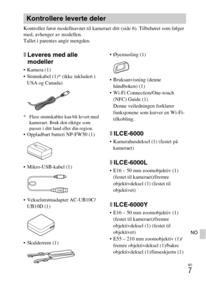 Page 455NO
7
NO
Kontroller først modellnavnet til kameraet ditt (side 6). Tilbehøret som følger 
med, avhenger av modellen.
Tallet i parentes angir mengden.
xLeveres med alle 
modeller
 Kamera (1)
 Strømkabel (1)* (ikke inkludert i 
USA og Canada)
* Flere strømkabler kan bli levert med 
kameraet. Bruk den riktige som 
passer i ditt land eller din region.
 Oppladbart batteri NP-FW50 (1)
 Mikro-USB-kabel (1)
 Vekselstrømadapter AC-UB10C/
UB10D (1)
 Skulderrem (1) Øyemusling (1)
 Bruksanvisning (denne 
håndboken)...