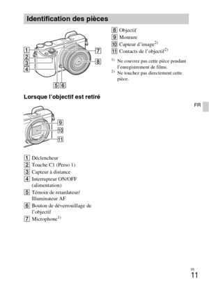 Page 47FR
11
FR
Lorsque l’objectif est retiré
ADéclencheur
BTouche C1 (Perso 1)
CCapteur à distance
DInterrupteur ON/OFF 
(alimentation)
ETémoin de retardateur/
Illuminateur AF
FBouton de déverrouillage de 
l’objectif
GMicrophone
1)
HObjectif
IMonture
JCapteur d’image
2)
KContacts de l’objectif2)
1)Ne couvrez pas cette pièce pendant 
l’enregistrement de films.
2)Ne touchez pas directement cette 
pièce.
Identification des pièces 