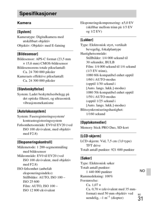 Page 479NO
31
NO
Kamera
[System]Kameratype: Digitalkamera med 
utskiftbart objektiv
Objektiv: Objektiv med E-fatning
[Bildesensor]Bildesensor: APS-C format (23,5 mm 
× 15,6 mm) CMOS-bildesensor
Bildesensorens totale pikselantall: 
Ca.24700000piksler
Kameraets effektive pikselantall: 
Ca.24300000piksler
[Støvbeskyttelse]System: Ladet beskyttelsesbelegg på 
det optiske filteret, og ultrasonisk 
vibrasjonsmekanisme
[Autofokussystem]System: Faseregistreringssystem/
kontrastregistreringssystem
Følsomhetsområde: EV0...