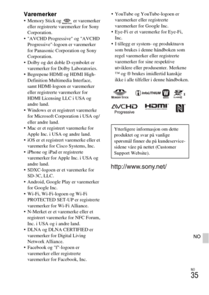 Page 483NO
35
NO
Varemerker Memory Stick og   er varemerker 
eller registrerte varemerker for Sony 
Corporation.
 AVCHD Progressive og AVCHD 
Progressive-logoen er varemerker 
for Panasonic Corporation og Sony 
Corporation.
 Dolby og det doble D-symbolet er 
varemerker for Dolby Laboratories.
 Begrepene HDMI og HDMI High-
Definition Multimedia Interface, 
samt HDMI-logoen er varemerker 
eller registrerte varemerker for 
HDMI Licensing LLC i USA og 
andre land.
 Windows er et registrert varemerke 
for Microsoft...
