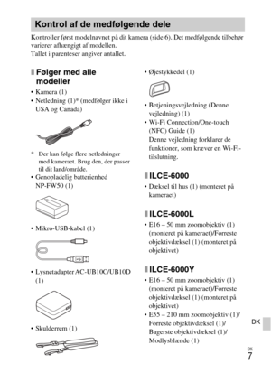 Page 489DK
7
DK
Kontroller først modelnavnet på dit kamera (side 6). Det medfølgende tilbehør 
varierer afhængigt af modellen.
Tallet i parenteser angiver antallet.
xFølger med alle 
modeller
 Kamera (1)
 Netledning (1)* (medfølger ikke i 
USA og Canada)
* Der kan følge flere netledninger 
med kameraet. Brug den, der passer 
til dit land/område.
 Genopladelig batterienhed 
NP-FW50 (1)
 Mikro-USB-kabel (1)
 Lysnetadapter AC-UB10C/UB10D 
(1)
 Skulderrem (1) Øjestykkedel (1)
 Betjeningsvejledning (Denne...