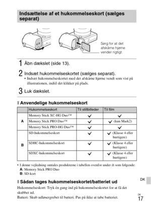 Page 499DK
17
DK
xAnvendelige hukommelseskort
 I denne vejledning omtales produkterne i tabellen ovenfor under ét som følgende:
A: Memory Stick PRO Duo
B: SD-kort
xSådan tages hukommelseskortet/batteriet ud
Hukommelseskort: Tryk én gang ind på hukommelseskortet for at få det 
skubbet ud.
Batteri: Skub udløsergrebet til batteri. Pas på ikke at tabe batteriet.
Indsættelse af et hukommelseskort (sælges 
separat)
1Åbn dækslet (side 13).
2Indsæt hukommelseskortet (sælges separat). Indsæt hukommelseskortet med det...