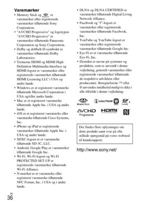 Page 518DK
36
Varemærker Memory Stick og   er 
varemærker eller registrerede 
varemærker tilhørende Sony 
Corporation.
 AVCHD Progressive og logotypen 
AVCHD Progressive er 
varemærker tilhørende Panasonic 
Corporation og Sony Corporation.
 Dolby og dobbelt-D-symbolet er 
varemærker tilhørende Dolby 
Laboratories.
 Termerne HDMI og HDMI High-
Definition Multimedia Interface og 
HDMI-logoet er varemærker eller 
registrerede varemærker tilhørende 
HDMI Licensing LLC i USA og 
andre lande.
 Windows er et...