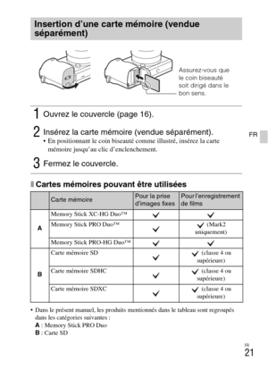 Page 57FR
21
FR
xCartes mémoires pouvant être utilisées
 Dans le présent manuel, les produits mentionnés dans le tableau sont regroupés 
dans les catégories suivantes :
A: Memory Stick PRO Duo
B: Carte SD
Insertion d’une carte mémoire (vendue 
séparément)
1Ouvrez le couvercle (page 16).
2Insérez la carte mémoire (vendue séparément). En positionnant le coin biseauté comme illustré, insérez la carte 
mémoire jusqu’au clic d’enclenchement.
3Fermez le couvercle.
Carte mémoirePour la prise 
d’images fixesPour...