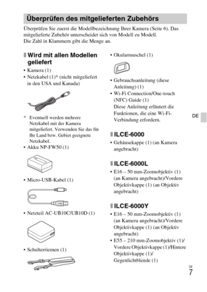 Page 83DE
7
DE
Überprüfen Sie zuerst die Modellbezeichnung Ihrer Kamera (Seite 6). Das 
mitgelieferte Zubehör unterscheidet sich von Modell zu Modell.
Die Zahl in Klammern gibt die Menge an.
xWird mit allen Modellen 
geliefert
 Kamera (1)
 Netzkabel (1)* (nicht mitgeliefert 
in den USA und Kanada)
* Eventuell werden mehrere 
Netzkabel mit der Kamera 
mitgeliefert. Verwenden Sie das für 
Ihr Land bzw. Gebiet geeignete 
Netzkabel.
 Akku NP-FW50 (1)
 Micro-USB-Kabel (1)
 Netzteil AC-UB10C/UB10D (1)
 Schulterriemen...