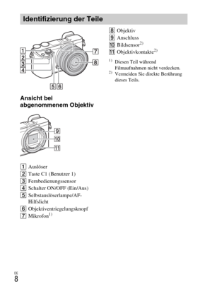 Page 84DE
8
Ansicht bei 
abgenommenem Objektiv
AAuslöser
BTaste C1 (Benutzer 1)
CFernbedienungssensor
DSchalter ON/OFF (Ein/Aus)
ESelbstauslöserlampe/AF-
Hilfslicht
FObjektiventriegelungsknopf
GMikrofon
1)
HObjektiv
IAnschluss
JBildsensor
2)
KObjektivkontakte2)
1)Diesen Teil während 
Filmaufnahmen nicht verdecken.
2)Vermeiden Sie direkte Berührung 
dieses Teils.
Identifizierung der Teile 