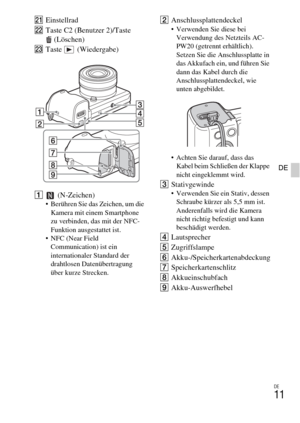 Page 87DE
11
DE
UEinstellrad
VTaste C2 (Benutzer 2)/Taste 
(Löschen)
WTaste (Wiedergabe)
A (N-Zeichen)
 Berühren Sie das Zeichen, um die 
Kamera mit einem Smartphone 
zu verbinden, das mit der NFC-
Funktion ausgestattet ist.
 NFC (Near Field 
Communication) ist ein 
internationaler Standard der 
drahtlosen Datenübertragung 
über kurze Strecken.
BAnschlussplattendeckel Verwenden Sie diese bei 
Verwendung des Netzteils AC-
PW20 (getrennt erhältlich). 
Setzen Sie die Anschlussplatte in 
das Akkufach ein, und...