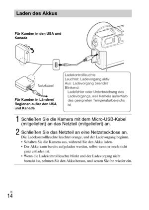 Page 90DE
14
Laden des Akkus
1Schließen Sie die Kamera mit dem Micro-USB-Kabel 
(mitgeliefert) an das Netzteil (mitgeliefert) an.
2Schließen Sie das Netzteil an eine Netzsteckdose an.Die Ladekontrollleuchte leuchtet orange, und der Ladevorgang beginnt.
 Schalten Sie die Kamera aus, während Sie den Akku laden.
 Der Akku kann bereits aufgeladen werden, selbst wenn er noch nicht 
ganz entladen ist.
 Wenn die Ladekontrollleuchte blinkt und der Ladevorgang nicht 
beendet ist, nehmen Sie den Akku heraus, und setzen...