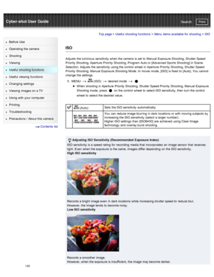 Page 131Cyber-shot User GuidePrint
Search
Before  Use
Operating the camera
Shooting
Viewing
Useful  shooting  functions
Useful  viewing  functions
Changing  settings
Viewing  images on  a TV
Using with  your  computer
Printing
Troubleshooting
Precautions  /  About  this camera
  Contents  list
Top page  > Useful  shooting  functions  > Menu  items available  for  shooting  >  ISO
ISO
Adjusts  the luminous  sensitivity  when the camera  is set  to  Manual  Exposure Shooting, Shutter Speed
Priority  Shooting,...