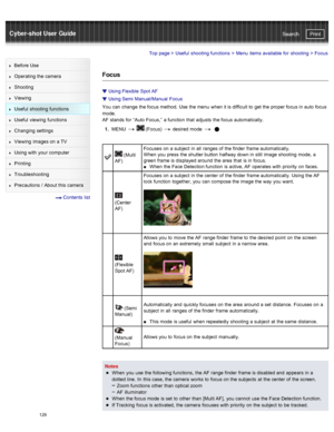 Page 136Cyber-shot User GuidePrint
Search
Before  Use
Operating the camera
Shooting
Viewing
Useful  shooting  functions
Useful  viewing  functions
Changing  settings
Viewing  images on  a TV
Using with  your  computer
Printing
Troubleshooting
Precautions  /  About  this camera
  Contents  list
Top page  > Useful  shooting  functions  > Menu  items available  for  shooting  >  Focus
Focus
Using Flexible  Spot AF
Using Semi  Manual/Manual  Focus
You  can  change  the focus method.  Use  the menu  when it is...