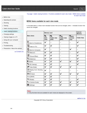 Page 161Cyber-shot User GuidePrint
Search
Before  Use
Operating the camera
Shooting
Viewing
Useful  shooting  functions
Useful  viewing  functions
Changing  settings
Viewing  images on  a TV
Using with  your  computer
Printing
Troubleshooting
Precautions  /  About  this camera
  Contents  list
Top page  > Useful  viewing  functions  > Functions  available  for  each  view  mode  >  MENU  items available
for  each  view  mode
MENU  items  available for each  view mode
In  the table  below, a check  mark indicates...