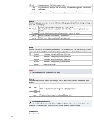 Page 170AllPlays  a slideshow of  all  the images in  order.
This
Date Plays  a slideshow of  images with  the currently  selected date  range when View  Mode  is
[Date View].
Folder Plays  a slideshow of  images in  the currently  selected folder  in  Folder  View.
Effects
Selects  the playback  speed and  mood  for  slideshows.  If the playback  time of  movie  is long,  an  image is
taken  from it and  displayed.
Simple A  simple slideshow switching  images at  a preset  interval.
The playback  interval is...
