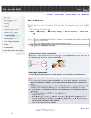 Page 186Cyber-shot User GuidePrint
Search
Before  Use
Operating the camera
Shooting
Viewing
Useful  shooting  functions
Useful  viewing  functions
Changing  settings
Viewing  images on  a TV
Using with  your  computer
Printing
Troubleshooting
Precautions  /  About  this camera
  Contents  list
Top page  > Changing  settings  > Shooting  Settings  >  Red  Eye Reduction
Red Eye Reduction
The flash  strobes  two or more  times before  shooting  to  reduce the red -eye  phenomenon  when using the
flash.
1 .  Set...