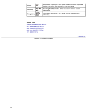 Page 208DifficultYour  camera  cannot  find  a GPS  signal, therefore,  it cannot  acquire  the
location  information. Use  your  camera  in  an  open area.
Searching
  Searching  for  GPS  satellites.  It may take several minutes  to  start
triangulating.
Triangulating
  Your  camera  is receiving  a GPS  signal, and  can  acquire  location
information.
Related  Topic
Position Information  (DSC -HX50V)
GPS  assist data  (DSC -HX50V)
Auto Clock  ADJ (DSC -HX50V)
Auto Area  ADJ (DSC -HX50V)
GPS  (DSC -HX50V)...