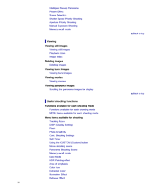 Page 23Intelligent Sweep Panorama
Picture Effect
Scene Selection
Shutter Speed Priority Shooting
Aperture Priority Shooting
Manual Exposure Shooting
Memory recall  mode
 Back to  top
Viewing
Viewing  still images
Viewing still images
Playback zoom
Image  Index
Deleting  images Deleting images
Viewing  burst images Viewing burst images
Viewing  movies Viewing movies
Viewing  panorama  images Scrolling the  panorama images for  display
 Back to  top
Useful shooting  functions
Functions  available for  each...