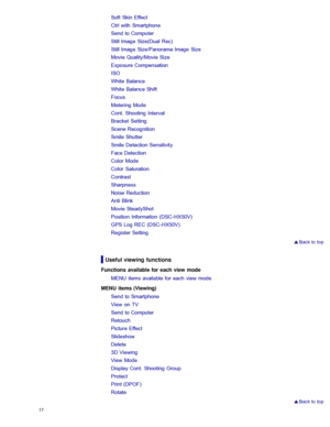 Page 24Soft  Skin  Effect
Ctrl  with  Smartphone
Send to Computer
Still Image  Size(Dual  Rec)
Still Image  Size/Panorama Image  Size
Movie Quality/Movie Size
Exposure Compensation
ISO
White  Balance
White  Balance Shift
Focus
Metering Mode
Cont.  Shooting  Interval
Bracket  Setting
Scene Recognition
Smile Shutter
Smile Detection Sensitivity
Face Detection
Color  Mode
Color  Saturation
Contrast
Sharpness
Noise  Reduction
Anti Blink
Movie SteadyShot
Position  Information  (DSC- HX50V)
GPS Log REC (DSC- HX50V)...