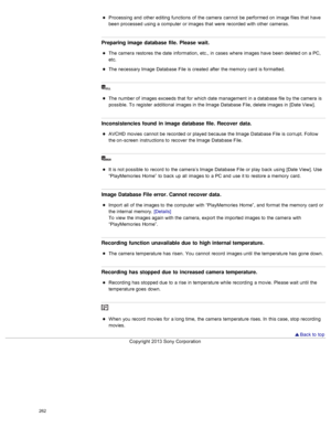 Page 269Processing  and  other  editing  functions  of  the camera  cannot  be  performed on  image files  that  have
been processed  using a computer  or images that  were  recorded  with  other  cameras.
Preparing image database file. Please  wait.
The camera  restores  the date  information, etc., in  cases  where images have  been deleted  on  a PC,
etc.
The necessary Image  Database  File  is created  after  the memory  card  is formatted.
The number of  images exceeds that  for  which date  management  in...