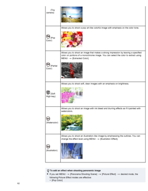Page 69 (Toy
camera)
 (Pop
Color) Allows you  to  shoot  a pop  art -like  colorful image with  emphasis  on  the color  tone.
 (Partial
Color) Allows you  to  shoot  an  image that  makes  a strong  impression  by leaving  a specified
color  on  portions of  a monochrome  image.  You  can  select  the color  to  extract  using
MENU  
 [Extracted  Color].
 (Soft
High-key) Allows you  to  shoot  soft, clear  images with  an  emphasis  on  brightness.
(Watercolor)Allows you  to  shoot  an  image with  ink  bleed...