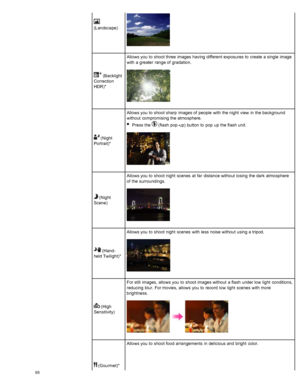 Page 72(Landscape)
 (Backlight
Correction
HDR)* Allows you  to  shoot  three  images having  different  exposures  to  create  a single  image
with  a greater  range of  gradation.
 (Night
Portrait)* Allows you  to  shoot  sharp  images of  people  with  the night  view  in  the background
without  compromising the atmosphere.
Press the 
 (flash  pop -up)  button  to  pop  up  the flash  unit.
 (Night
Scene) Allows you  to  shoot  night  scenes  at  far  distance without  losing  the dark  atmosphere
of  the...